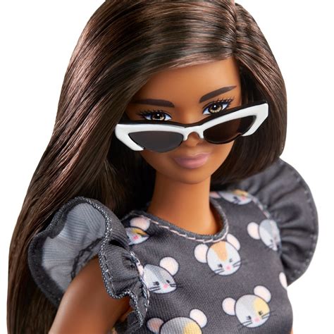 Barbie Fashionistas Doll 140 Long Brunette Hair and Mouse Print Dress