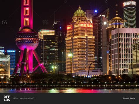 March 31, 2019: Closeup view of Shanghai pudong Skyline at night ...