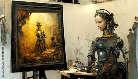 Humanoid AI robot working in an art studio painting a picture, Art ...