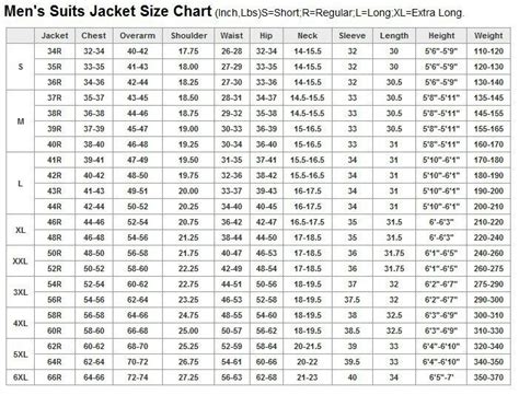 Men Suit Jacket Size Chart