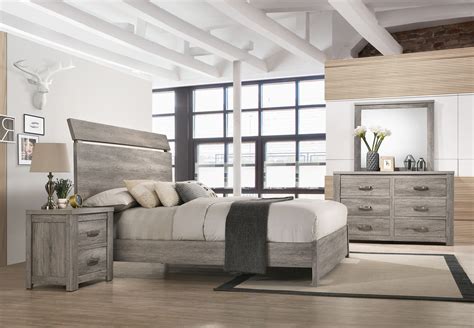 Floren Contemporary Weathered Gray Wood Bedroom Set, King Panel Bed, Dresser, Mirror, Nightstand ...
