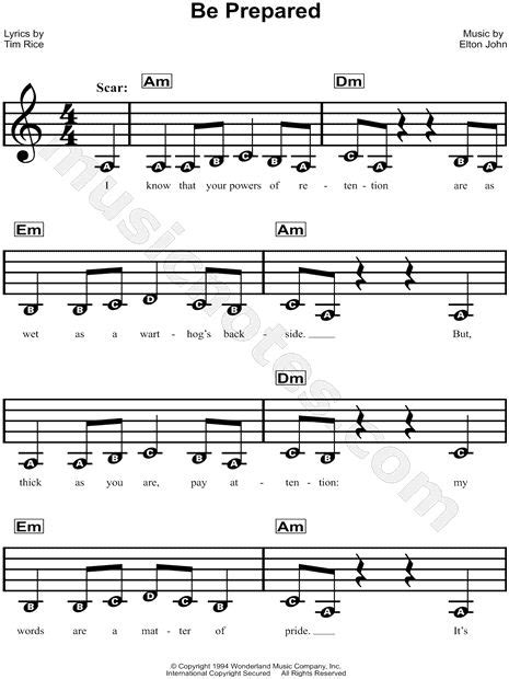 "Be Prepared" from 'The Lion King' Sheet Music for Beginners in A Minor - Download & Print ...