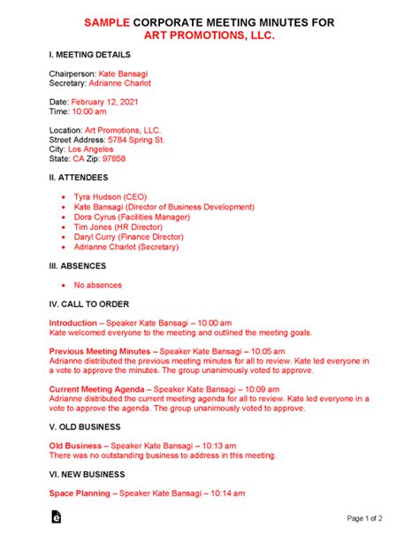 Free Corporate Meeting Minutes Template - PDF | Word – eForms