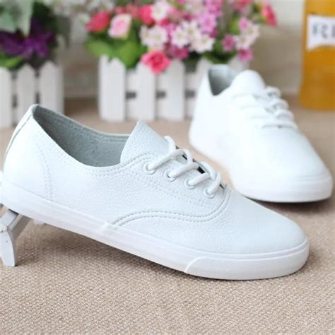 Women Sneaker Genuine Leather White Shoes Flat Canvas Shoes Leisure ...