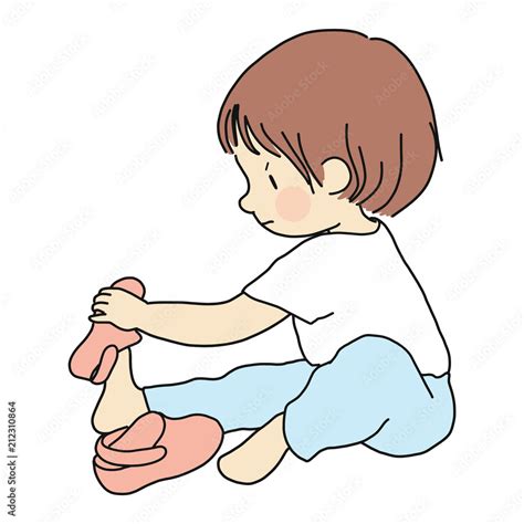 Vector illustration of little toddler sitting on floor and trying to put on his own shoes. Early ...