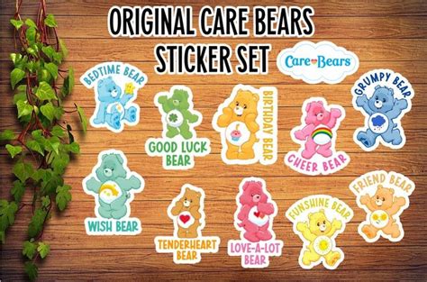 the care bears sticker set is displayed on a wooden table with greenery ...