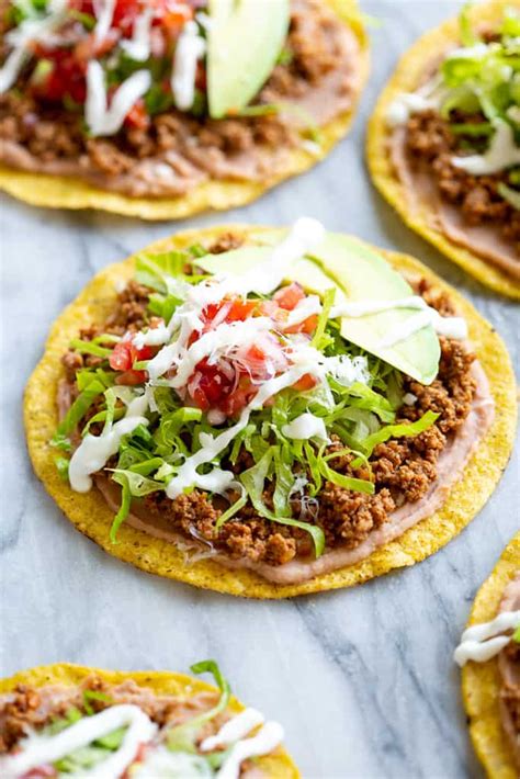 A simple homemade Tostada recipe made with meat (beef, chicken, or pork ...