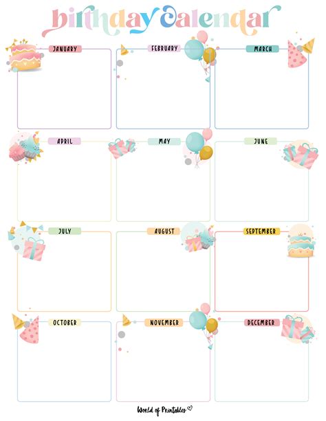 Downloadable Type Fillable Birthday Calendar Templates