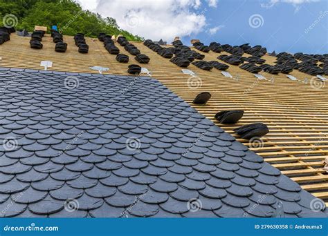 Installation of Slate Roofing Tiles on a Roof Stock Photo - Image of fish, installation: 279630358