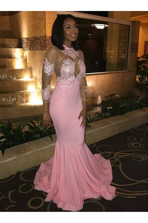 Mermaid Lace Long Sleeves Pink Prom Dresses Formal Evening Gowns 6011491