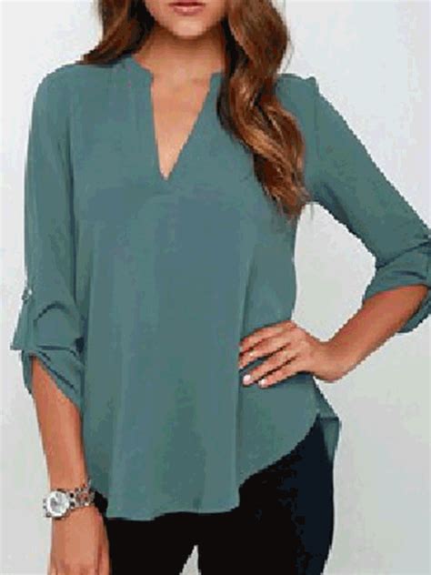 V Neck Solid Chiffon Simple T-Shirt | Long sleeve shirts, Shirt blouses, Affordable womens clothing