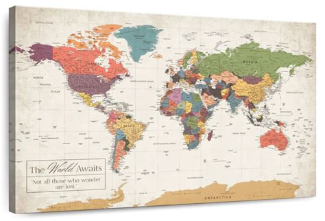 Canvas World Map Art mural showing Country and Major Cities in Mixed Color with White Background ...