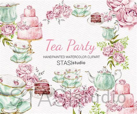 Tea Party Watercolor Clipart High Tea Illustration Mint Teapot - Etsy