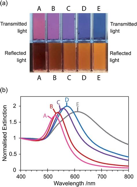 (a) Photograph showing colours of synthesised gold nanoparticle colloid ...