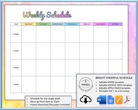 EDITABLE Weekly Schedule Template, WORD, Google Docs, Apple Pages & Printable With Room to Write ...