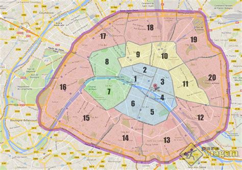 Mapa com os Bairros de Paris, França - Para Viagem