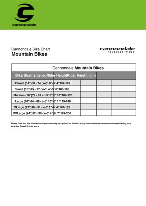 Cannondale Mountain Bikes Size Chart printable pdf download