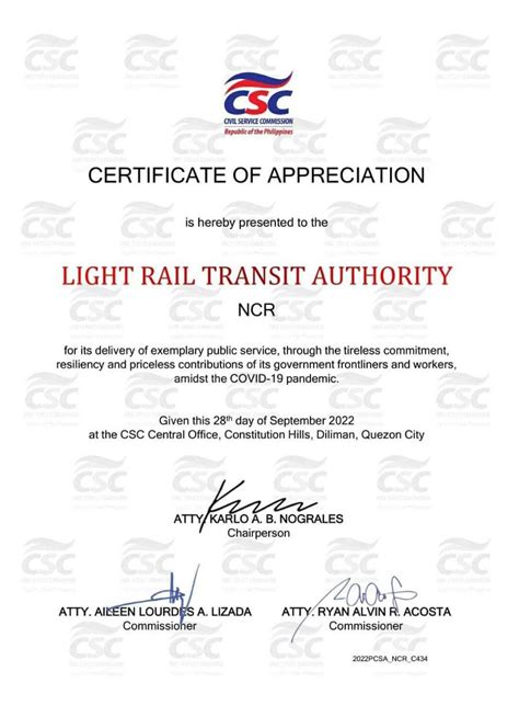 Certificate of Appreciation awarded by the Civil Service Commission | Light Rail Transit Authority