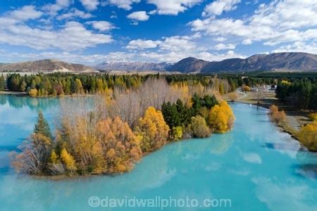 Lake Ruataniwha and Lake Ruataniwha Holiday Park (at right) in autumn, Mackenzie Country, South ...