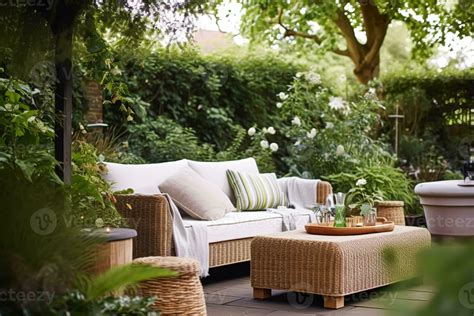 Garden lounge, outdoor furniture and countryside house patio decor with ...