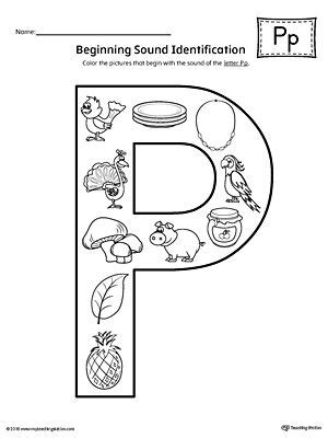 Letter P Beginning Sound Color Pictures Worksheet | Beginning sounds worksheets, Lettering ...