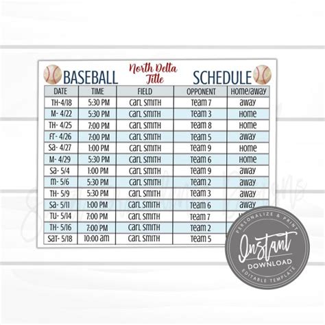 Editable Baseball Schedule Template