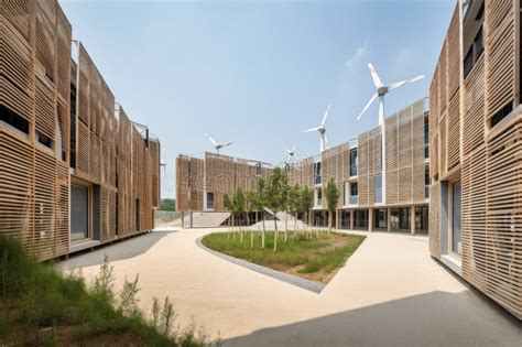 Sustainable School Building with Solar Panels, Wind Turbines and Eco-friendly Design Stock ...