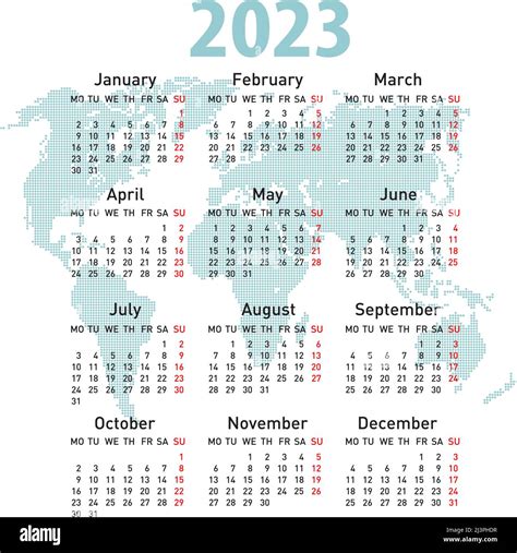 Calendar 2023 with world map. Week starts on Monday Stock Vector Image ...