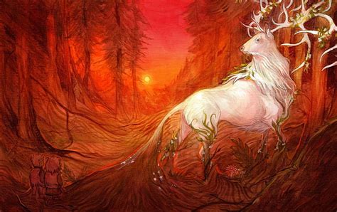 720P free download | Fantasy deer, red, forest, art, orange, deer ...