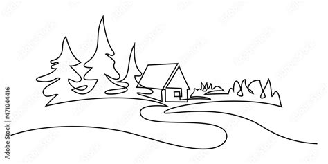 Rural landscape in continuous line art drawing style. Country road ...