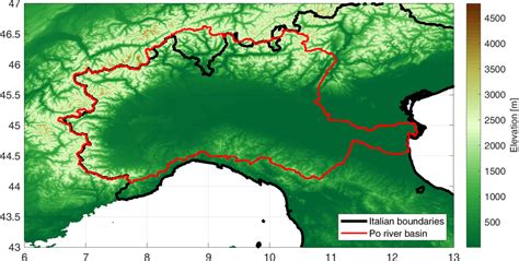 Po River basin elevation map from ASTGTM. The black line indicates the... | Download Scientific ...