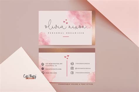 Business card template Editable watercolor pink and gold | Etsy