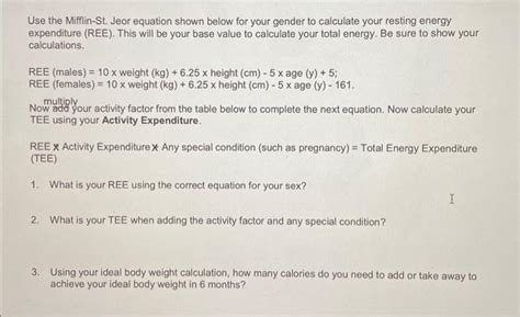 Use the Mifflin-St. Jeor equation shown below for | Chegg.com