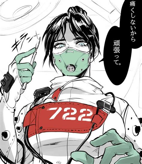 an anime character holding a cell phone and wearing a face mask with the number 722 on it