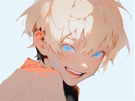 Premium AI Image | anime boy with blue eyes and blonde hair smiling at ...