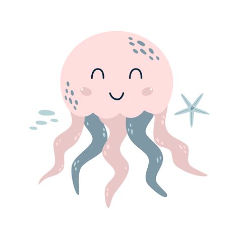 Pink jellyfish. Cute sea animal cartoon baby jellyfish. Nautical medusa ...