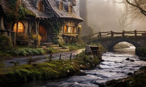 Premium AI Image | A painting of a house in the woods