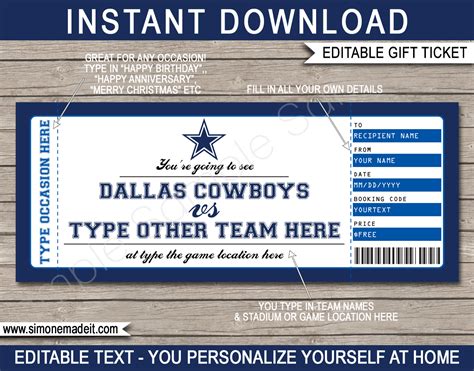 Dallas Cowboys Game Ticket Gift Voucher | Printable Surprise Football Tickets