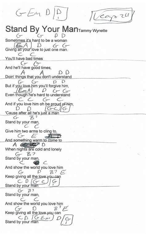 Stand By Your Man (Tammy Wynette) Guitar Chord Chart - Capo 2nd Fret | Great song lyrics, Tammy ...