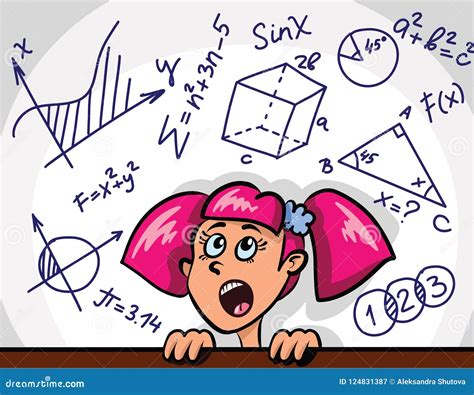 Cute Cartoon Girl and Math and Geometry Formulas and Problems on Chalkboard. Education Vector ...