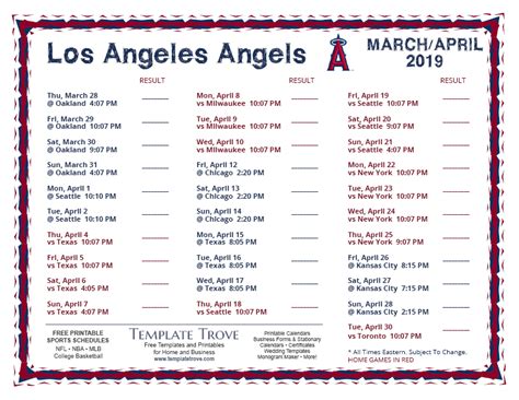 Printable 2019 Los Angeles Angels Schedule