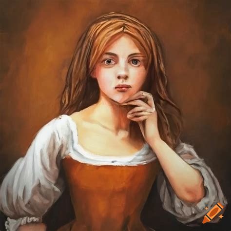 Renaissance-style painting of a peasant girl in rust-colored overskirt and white chemise on Craiyon