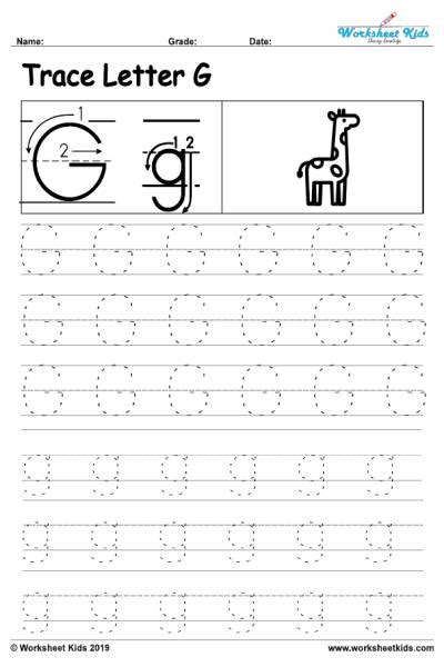 Letter G alphabet tracing worksheets - Free printable PDF