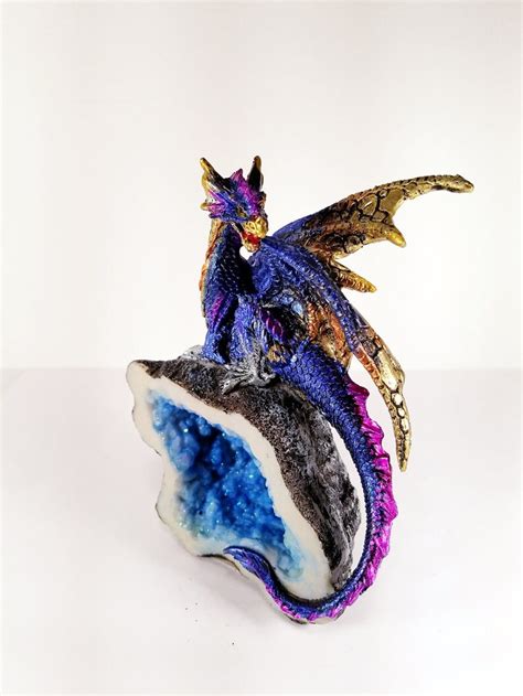 Blue Multi Color Dragon Figurine on a Resin Crystal Geode | Etsy