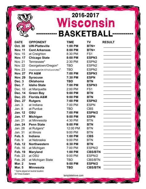 Printable 2016-2017 Wisconsin Badgers Basketball Schedule