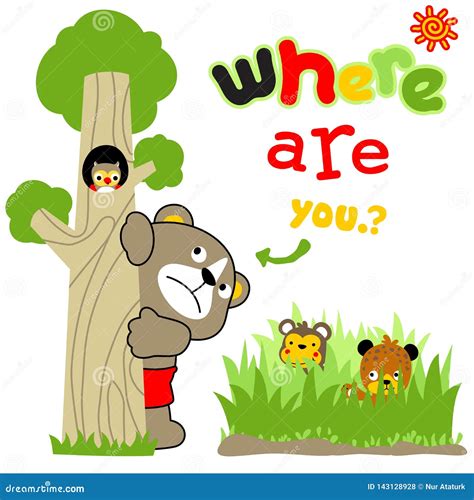 Playing Hide and Seek with Cute Animals, Vector Cartoon Illustration Stock Vector - Illustration ...