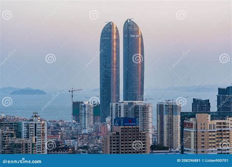 Xiamen City Skyline with Modern Buildings, Twin Towers, Old Town and Sea at Dusk Editorial Photo ...