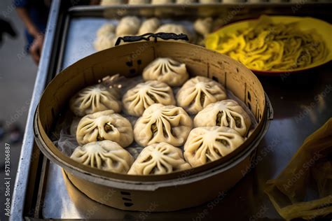 Chinese specialty steamed dumplings are sold at a street food stand in ...