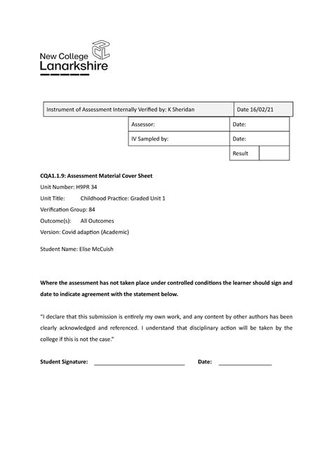 HNC Childhood practice Graded Unit - Lego therapy - Instrument of Assessment Internally Verified ...