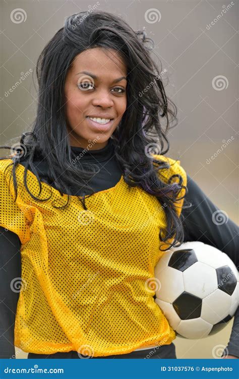 Attractive African American Woman Football (soccer) Player Stock Photo - Image of smiling ...